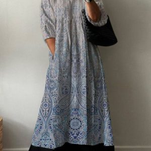Women's Long Sleeve Spring/Fall Ethnic Jersey Dress V Neck Holiday Going Out Casual Maxi A-Line T-Shirt Dress, JustFashionNow Dresses, color:Blue|size:XXL,