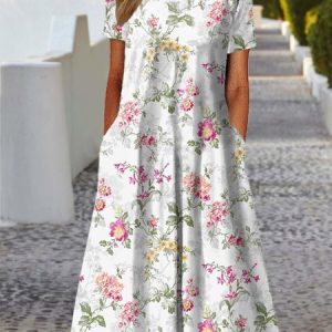 Loose Floral Simple Crew Neck Dress, Dresses, Lilicloth.com
