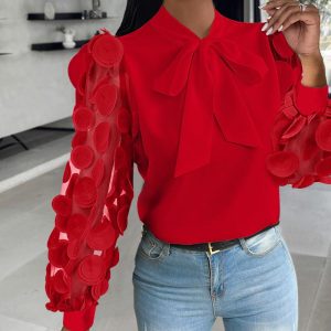 3D Circle Appliques Sheer Mesh Spliced Long Sleeve Blouse Casual Tie Neck Commuting Top, women Blouses & Shirts, ChicMe catalog