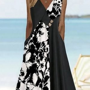 Women Floral V Neck Sleeveless Comfy Casual Midi Dress, Dresses, color:Black-white|size:XXL, catalog Noracora shop