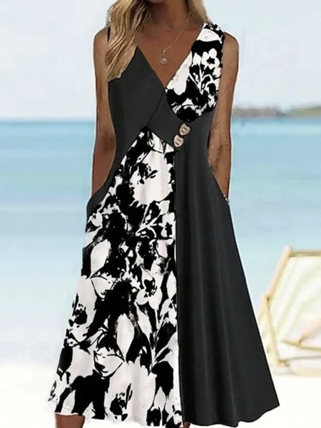 Women's Sleeveless Summer Floral Dress V Neck Daily Going Out Casual Midi A-Line, JustFashionNow Dresses, color:Black-white|size:XXL,