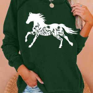 Women's Floral Horse Simple Crew Neck Loose Sweatshirt, Hoodies&Sweatshirts, Lilicloth.com