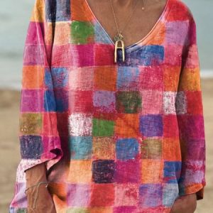 Women's Colorful Square Print Casual V-neck Long Sleeve Comfortable Cotton T-shirt, Long sleeves, Lilicloth.com