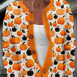 Lady Cute Pumpkin Crew Neck Casual Regular Fit Cardigan, Cardigans, Lilicloth.com
