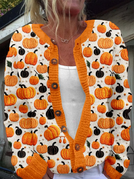 Lady Cute Pumpkin Crew Neck Casual Regular Fit Cardigan, Cardigans, Lilicloth.com