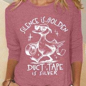 Silence is Golden Sarcastic Duct Tape is Silver Snarky Funny Duck Sarcasm Casual Long Sleeve Shirt, Long sleeves, Lilicloth.com