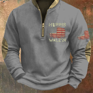 Men's Vintage Flag Print Vote Vintage Half Open Collar Sweatshirt, Hoodies&Sweatshirts, Lilicloth.com