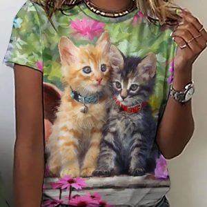 Women's Cute Orange Cat Funny Art Print Loose Casual Floral Crew Neck T-Shirt, T-shirts, Lilicloth.com