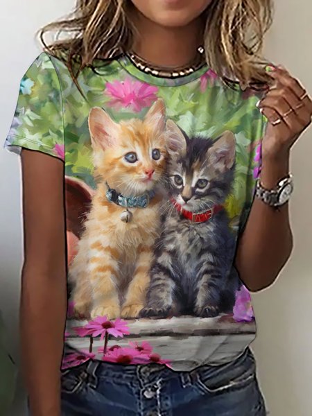 Women's Cute Orange Cat Funny Art Print Loose Casual Floral Crew Neck T-Shirt, T-shirts, Lilicloth.com