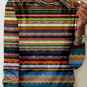 Striped 3D PrintingCasual Crew Neck Blouse, Long sleeves, Lilicloth.com