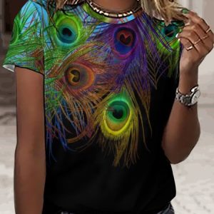Lilicloth X Paula Women's Peacock Feathers Print T-Shirt, T-shirts, Lilicloth.com