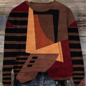 Women's Crew Neck Striped Casual Spring/Fall Cotton Long Sleeve Sweatshirt, JustFashionNow Sweatshirts & Hoodies, color:Brown|size:5XL,