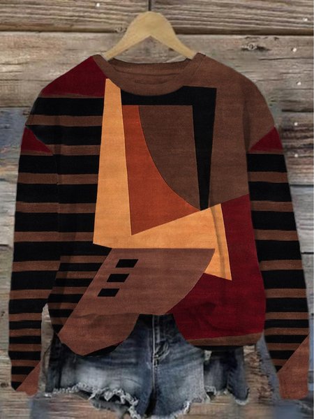 Women's Crew Neck Striped Casual Spring/Fall Cotton Long Sleeve Sweatshirt, JustFashionNow Sweatshirts & Hoodies, color:Brown|size:5XL,