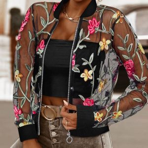 Floral Embroidery Baseball Collar Long Sleeve Coat Sheer Mesh Patch Zip Up Jacket, women Jackets & Coats, ChicMe catalog