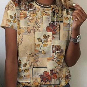 Crew Neck Cotton Floral Casual T-Shirt, T-shirts, Lilicloth.com