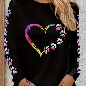 Women's Dog Paw Print Heart Valentine's Day Long Sleeve T-Shirt, Long sleeves, Lilicloth.com