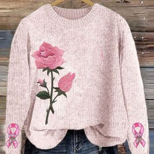 Breast Cancer Pink Flower Pullover Knitted Sweater, Cardigans, Lilicloth.com