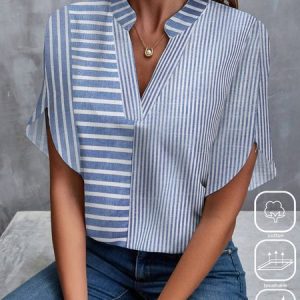 Women's Short Sleeve Blouse Summer Striped Split Joint Cotton Notched Daily Going Out Casual Top, JustFashionNow Shirts, color:Blue|size:XXL,