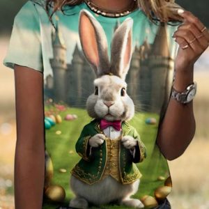 Casual Easter Rabbit Animal Crew Neck Short Sleeve T-shirt, T-shirts, color:Green|size:4XL, catalog Noracora shop