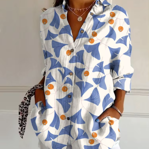 Shirt Collar Long Sleeve Leaf Regular Loose Shirt For Women, Blouses, color:As Picture|size:XXL, catalog Noracora shop