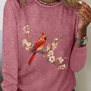 Cardinal Bird Casual Long Sleeve Shirt, Long sleeves, Lilicloth.com