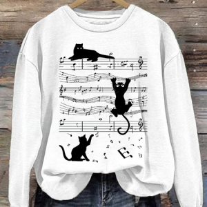 Women's Cat Music Print Sweatshirt, Hoodies&Sweatshirts, Lilicloth.com