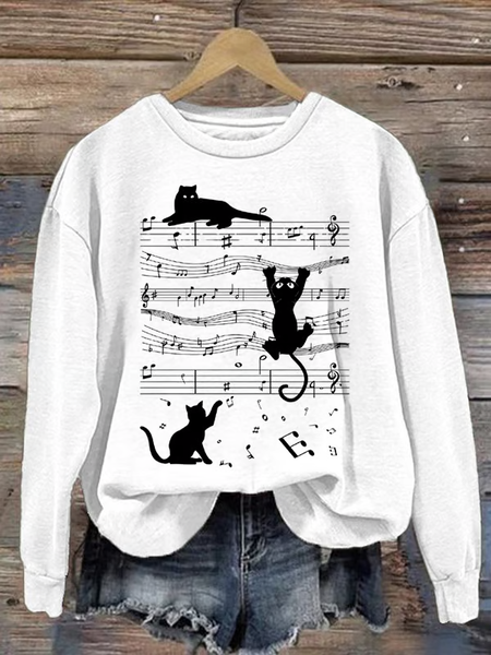 Women's Cat Music Print Sweatshirt, Hoodies&Sweatshirts, Lilicloth.com