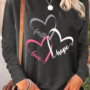 Women's Printed Faith Hope Love Letters Casual Crew Neck Top, Long sleeves, Lilicloth.com