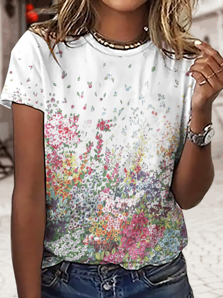 Women's Crew Neck Floral Simple Loose T-Shirt, T-shirts, Lilicloth.com
