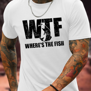 Cotton WTF Where's The Fish Men's Funny Fishing Casual Crew Neck T-Shirt, T-shirts, Lilicloth.com