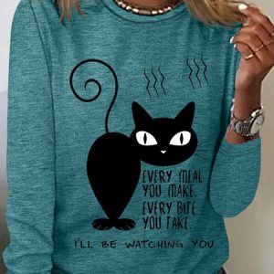 Women’s Black Cat Every Meal You Make Every Bite You Take I'll Be Watching You Long Sleeve Top, Long sleeves, Lilicloth.com