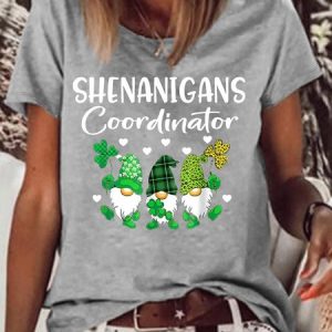 Women‘s Shenanigans Coordinator St Patricks Day Gnomes Crew Neck Casual etters T-Shirt, T-shirts, Lilicloth.com