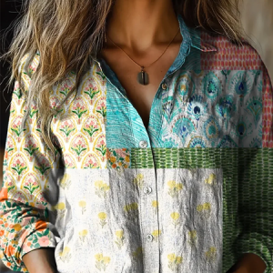 Women's vintage floral patchwork print casual linen shirt, Blouses, Lilicloth.com