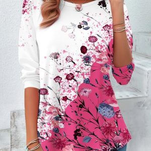 Casual T-Shirt With Contrasting Floral Design, Long sleeves, Lilicloth.com