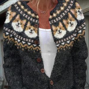 Women's Cute Dog Pattern Print Knit Cardigan, Cardigans, Lilicloth.com