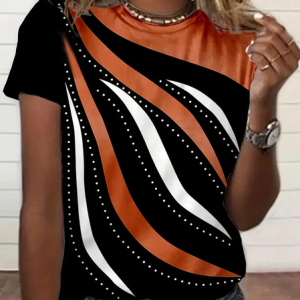 Women's Short Sleeve Tee T-shirt Summer Geometric Printing Crew Neck Casual Graphic Tee Top, JustFashionNow T-Shirts, color:Black|size:XXL
