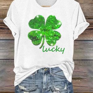 Women's St. Patrick's Day Lucky Clover Print Casual Cotton T-Shirt, T-shirts, Lilicloth.com