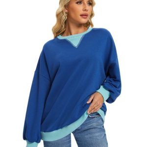 Women Oversized Color Block Long Sleeve Sweatshirt Casual Crew Neck Shirt Loose Fit Pullover Top Y2K Clothes, Hoodies&Sweatshirts, Lilicloth.com