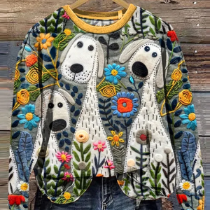 Cute Dog Art And Floral Casual Sweatshirt, Hoodies&Sweatshirts, Lilicloth.com