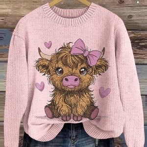 Highland Cow Love Pattern Round Neck Sweater, Sweaters, Lilicloth.com