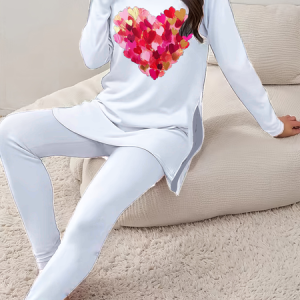 Women Heart/Cordate Crew Neck Long Sleeve Comfy Casual Printing Top With Pants Two-Piece Set, Sets, color:White|size:XXL, catalog Noracora shop