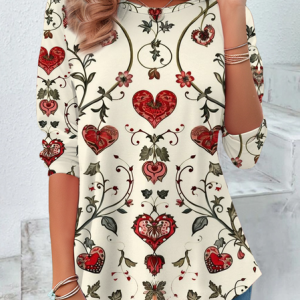 Women's Floral Hearts Valentine's Day Print Casual Round Neck Tunic T-Shirt, Long sleeves, Lilicloth.com