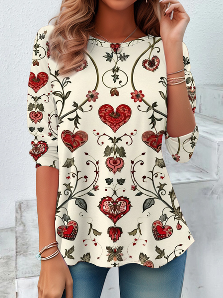 Women's Long Sleeve Tee T-shirt Spring/Fall Floral Printing Crew Neck Casual Graphic Tee Top, JustFashionNow T-Shirts, color:Apricot|size:XXL,