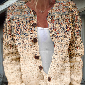 Women Knitted Abstract Graphic Long Sleeve Comfy Casual Cardigan, Cardigans, color:Khaki|size:5XL, catalog Noracora shop