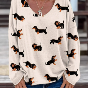Vintage Animal Pet Print V Neck Long Sleeve T-shirt, T-shirts, color:As Picture|size:XXL, catalog Noracora shop