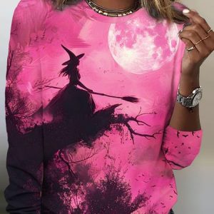 Witch print round neck T-shirt, Long sleeves, Lilicloth.com