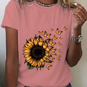 Cute Sunflower Butterfly Graphic Cotton T-Shirt, T-shirts, Lilicloth.com