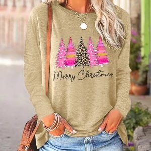 Women Merry Christmas Casual Crew Neck Regular Fit Top, Long sleeves, Lilicloth.com