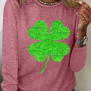 Women's Four-leaf Clover Long Sleeve Blouse_ Spring/Fall Crew Neck Daily Casual Top, JustFashionNow Shirts, color:Watermelon|size:3XL,