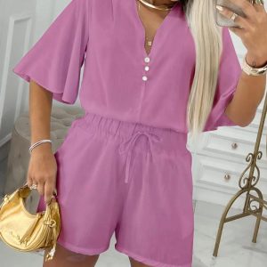 2 Pieces V Neck Button Decor Bell Sleeve Top and Casual Drawstring Stechy Waist Shorts Set, women Two-piece Sets, ChicMe catalog